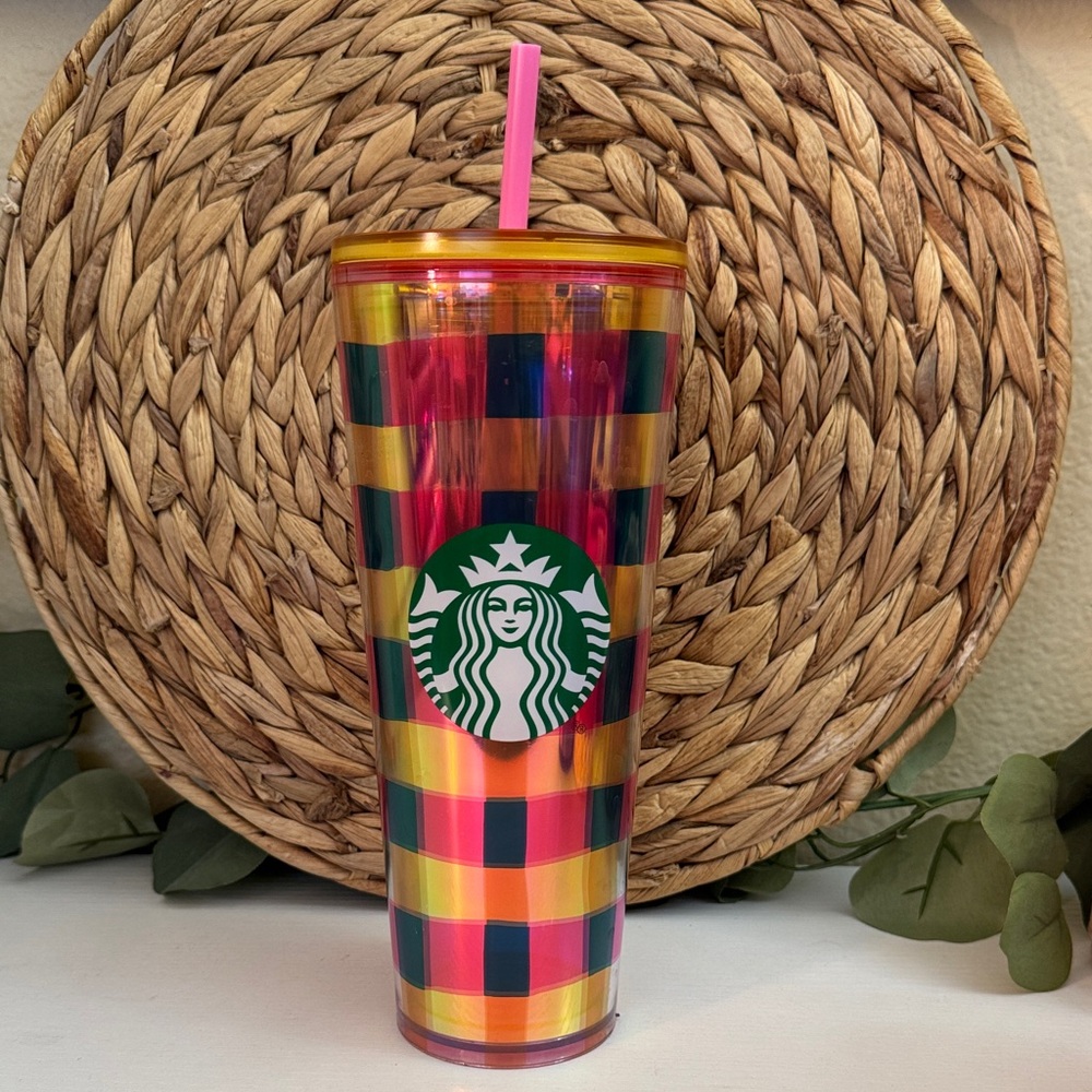 Starbucks Multicolor Plaid Tumbler with Pink Straw